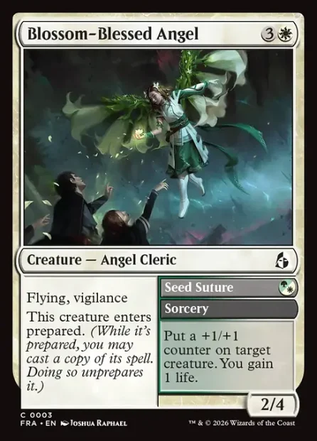 Blossom-Blessed Angel // Seed Suture, Reality Fracture — Magic: The Gathering card