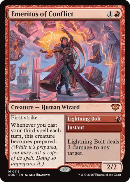 Emeritus of Conflict // Lightning Bolt, Secrets of Strixhaven — Magic: The Gathering card